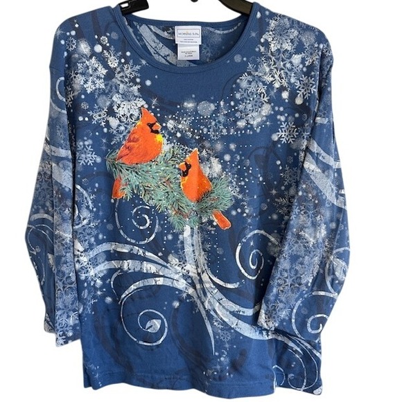 Morning Sun‎ Women's Blue Winter Cardinals 3/4 Sleeve Cotton Shirt XL - Picture 1 of 5